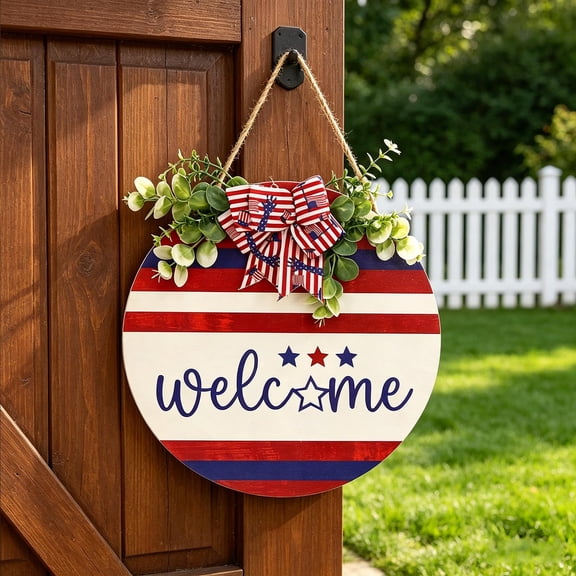 XGFHYJEH 4th of July Welcome Door Sign, Patriotic Red White Blue Double Sided Door Hanger for Front Door, Entryway, Porch, Weatherproof Reusable Door Decor for Independence Day
