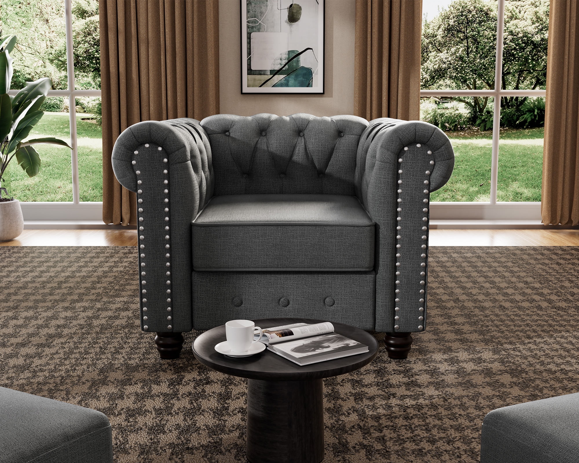 Morden Fort Linen Chesterfield Sofa, Accent Club Chair Charcoal Grey Living Room Chair