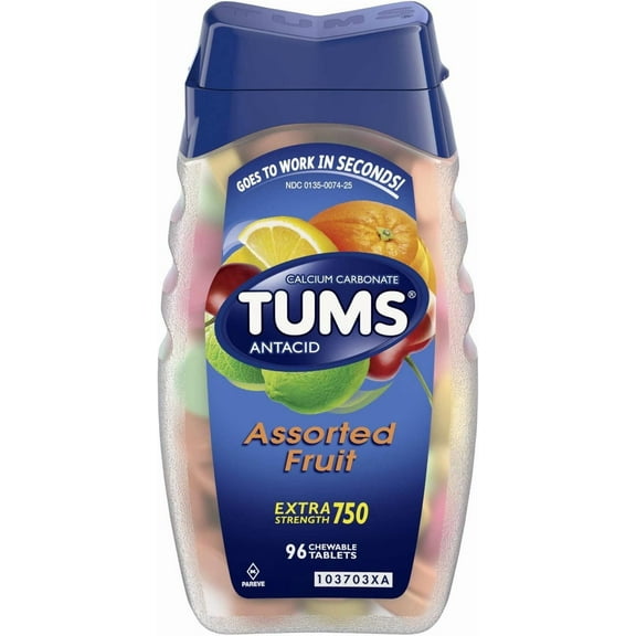 TUMS Extra Strength Antacid Tablets for Chewable Heartburn Relief and Acid Indigestion Relief, Assorted Fruit Flavors - 96 Count