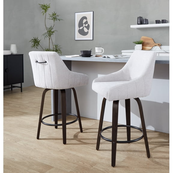 Hannah 26" Transitional Fixed-Height Counter Stool with Swivel in Walnut Glazed Wood and Grey Fabric with Round Black Metal Footrest by LumiSource - Set of 2