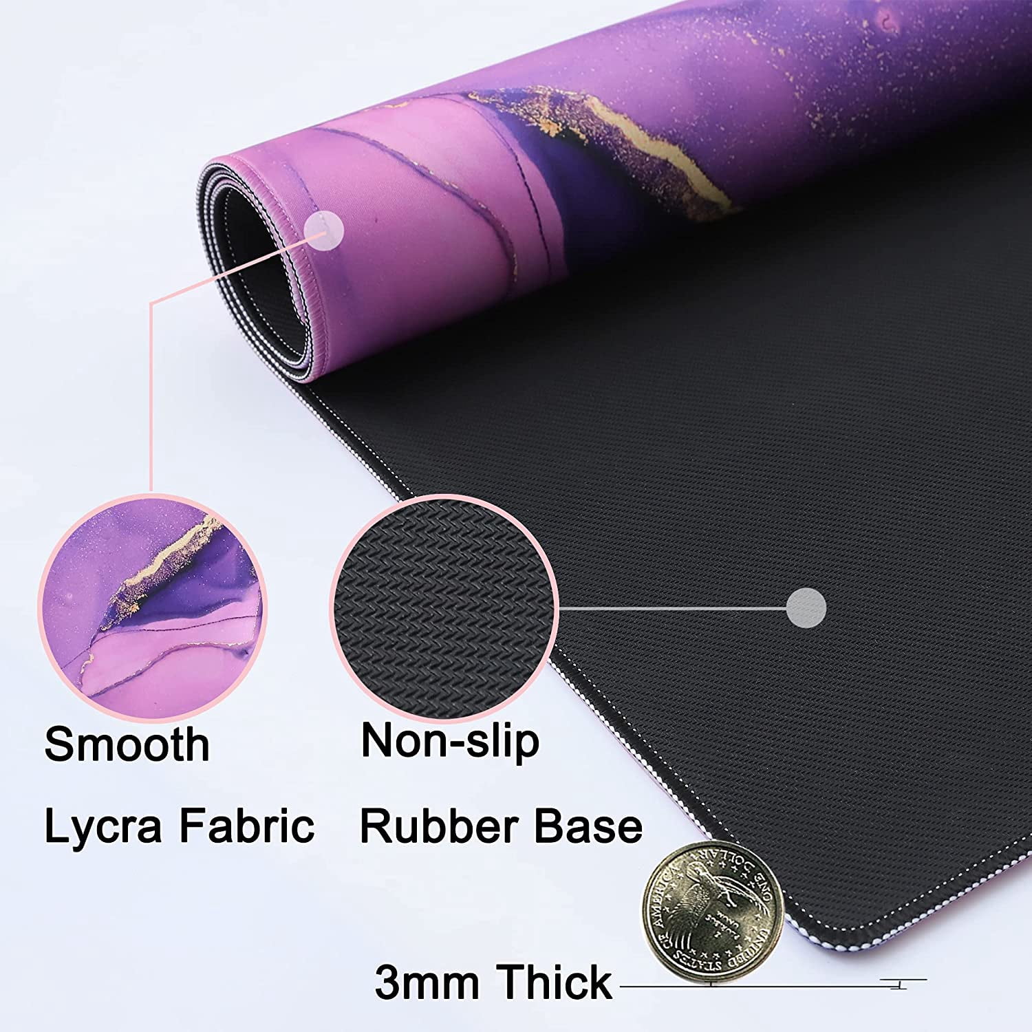 Desk Mat,Large Mouse Pad 35''''×15.6''''×0.12'''' XXL Extended Gaming Mouse Pad Mat with Non-Slip Base Stitched Eges Mousepad for Computer,Office,Keyboard and Laptop - Purple Marble