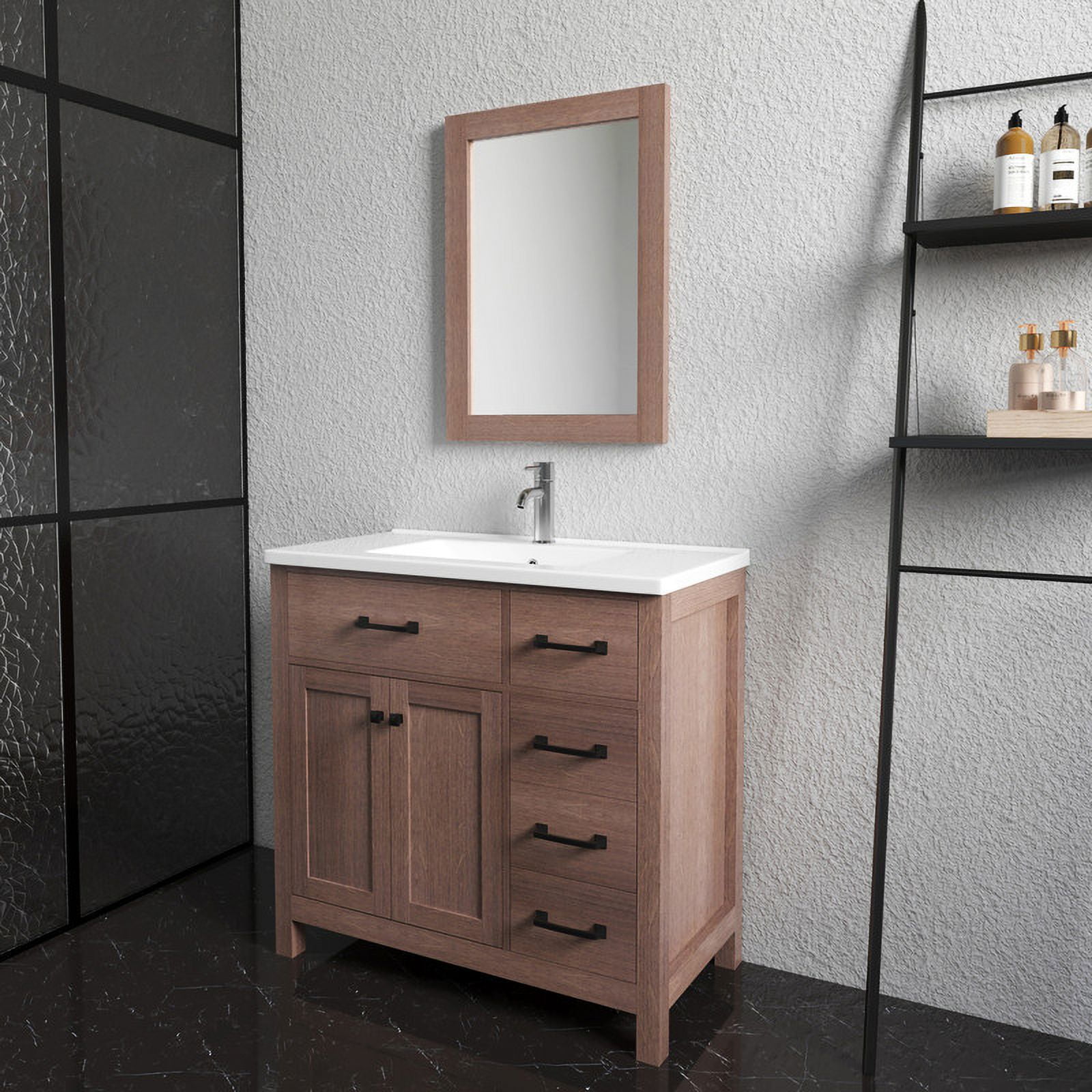 Wonline 36" Luxurious Bathroom Vanity Cabinet with Sink Combo Set，Undermount Ceramic Sink w/Thickened Wood,Faucet,Mirror,Brown