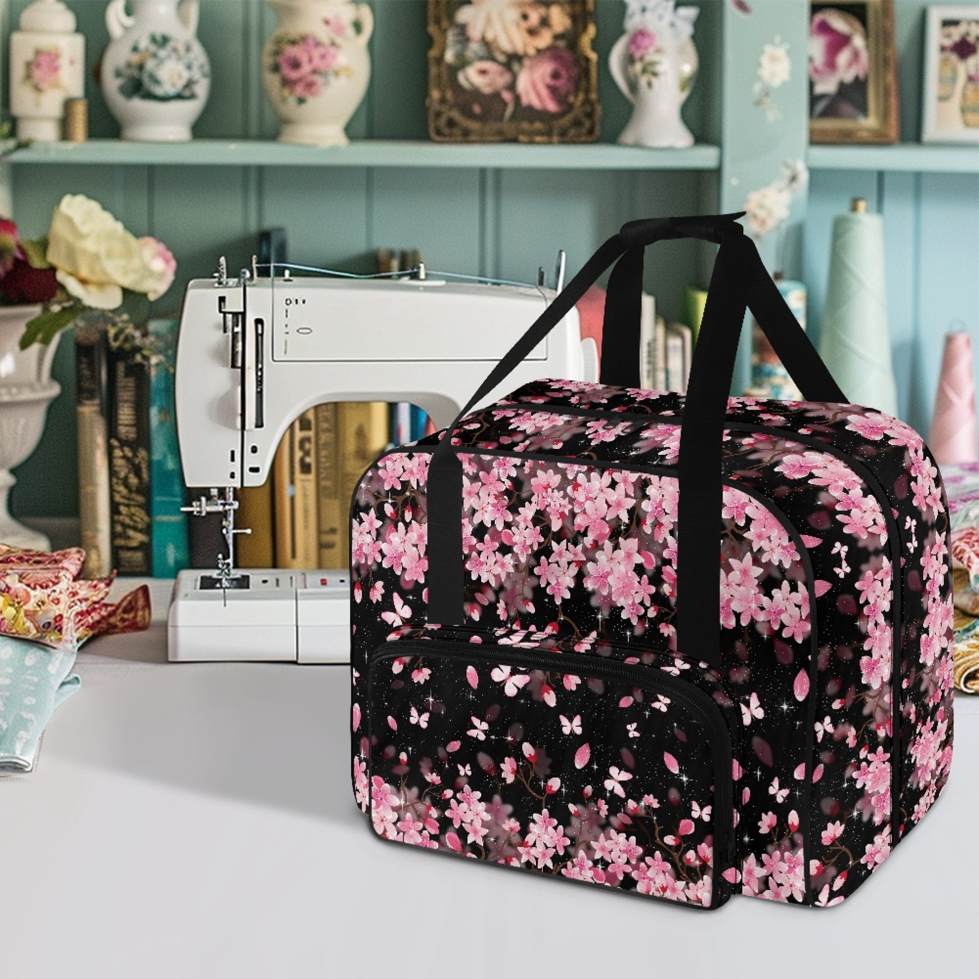 ZIATUBLE Cherry Blossom Sewing Machine Storage Bag Butterfly Sewing Machine Totes and Bags Stain Resistant Sewing Machine Carrying Case Tote Bag Elastic Portable Padded Storage
