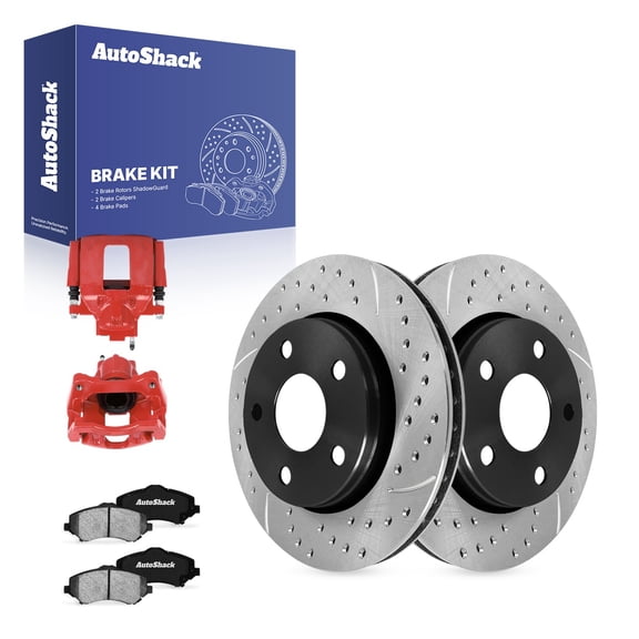 AutoShack Front Vented Drilled & Slotted E-Coated Brake Rotors   Ceramic Pads   Calipers Red 8-PC Brake Kit Replacement for 2007-2017 Jeep Wrangler 2018 Jeep Wrangler JK ShadowGuard 11.89" (302 mm)