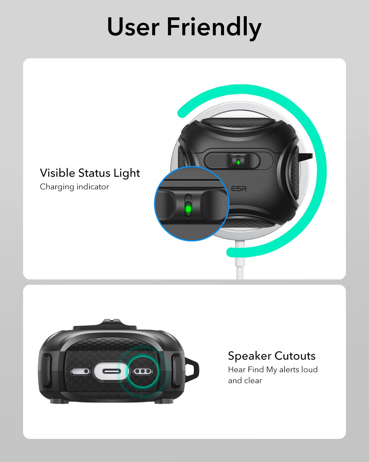 ESR Protective Case with Secure Lock, Compatible with AirPods 4th Gen (2024 USB-C Model), Shock-Absorbing & Magnetic Wireless Charging Design, Black