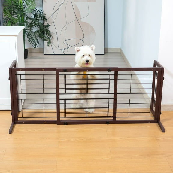 Wubio 38"-71" Freestanding Wood Pet Gate Foldable Puppy Fence Dog Gate Doorway-Dark Brown