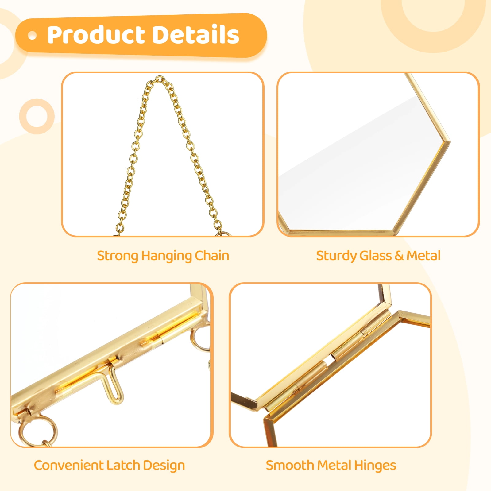 8 Pcs Hexagonal Glass Floating Frames – Gold Metal Pressed Flower Frames with Chains, Hanging Double-Sided Display for Dried Flowers, Photos & DIY Crafts