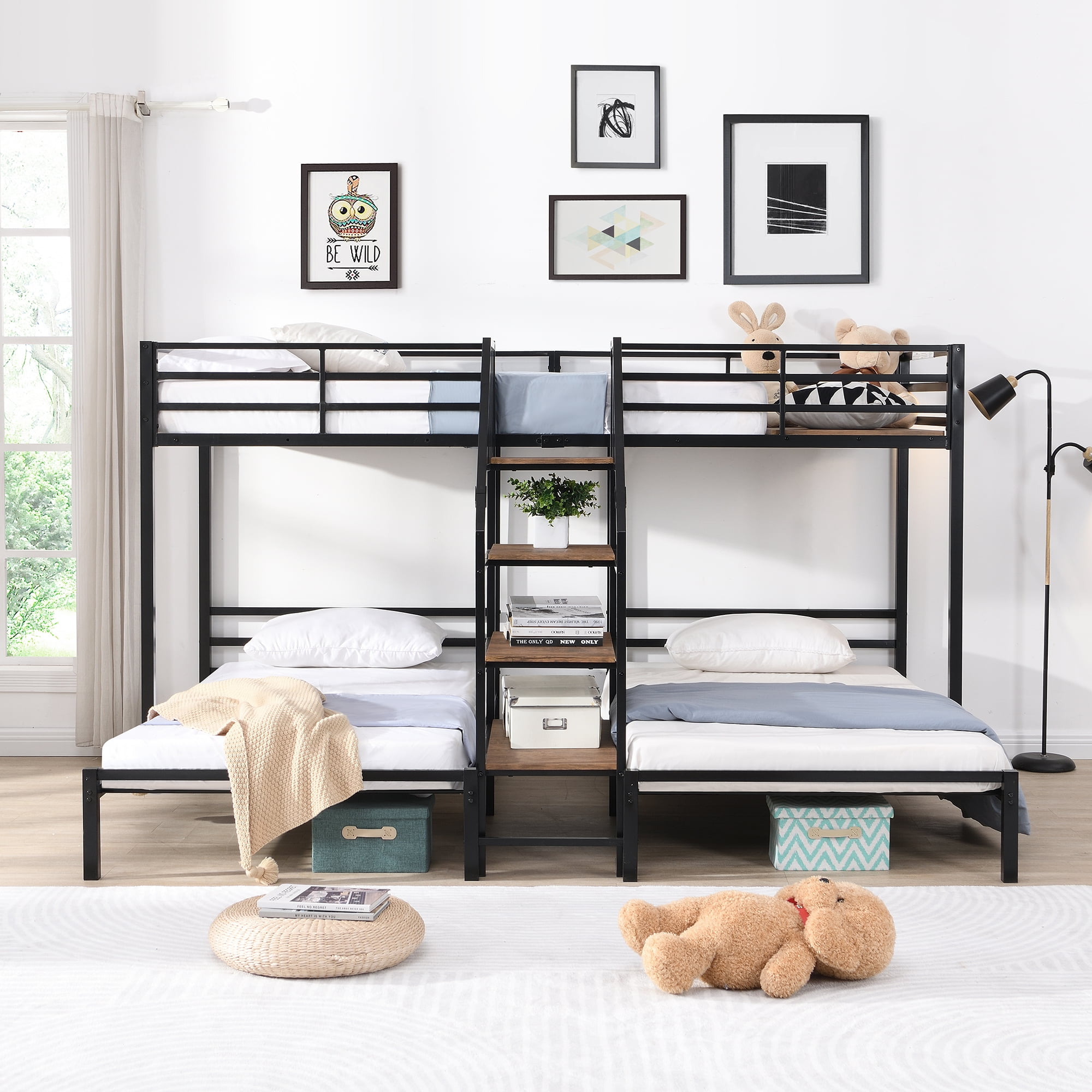 Euroco Modern Twin over Full Bunk Bed Frame with Ladder for Kid s Room Solid Wood Bed for Kids Teens Adults White