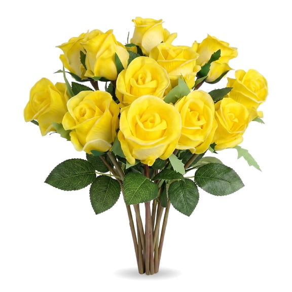 Damkogic Yellow Artificial Roses Real Touch Flowers – 6 Pcs UV Resistant Fake Rose Bouquet 20 Inch Long Stems for Wedding Centerpieces Home Table Outdoor Decor