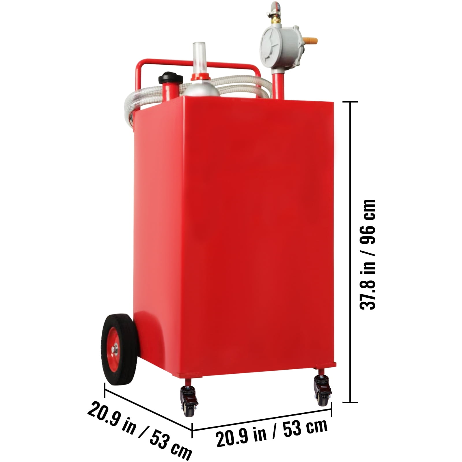 KFFKFF 30 Gallon Fuel Storage, Mobile Gas Tank & Quad Wheels, Equipped with Manual Transfer Pump, Petrol Diesel Storage Unit for Vehicles, Lawn Equipment, ATVs, Marine Crafts, and More, in Red