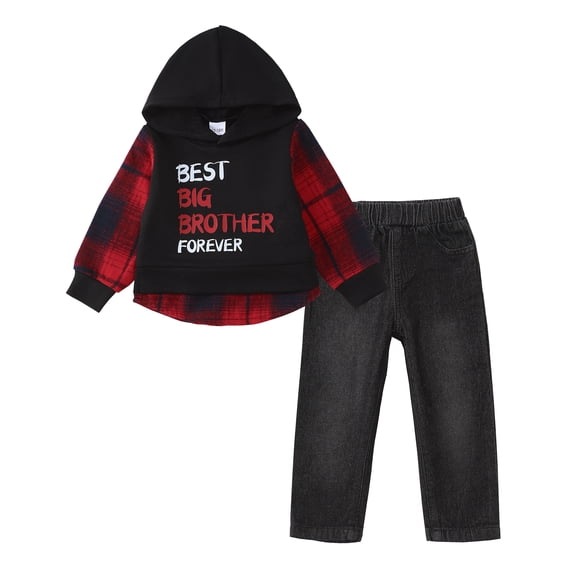 6Y Kids Boys Clothes 7 Years Boys Fall Winter Pant Set Little Boys Long Sleeve Letter Print Hooded Top Jeans Pants 2PCS Outfits Set Black
