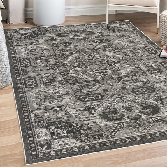 Vintage Decorative Rug, Grayscale Weathered Look Abstract Square Details Retro Ethnic Themed Ornament, Quality Carpet for Bedroom Dorm and Living Room, 6 Sizes, Dark Grey, by Ambesonne