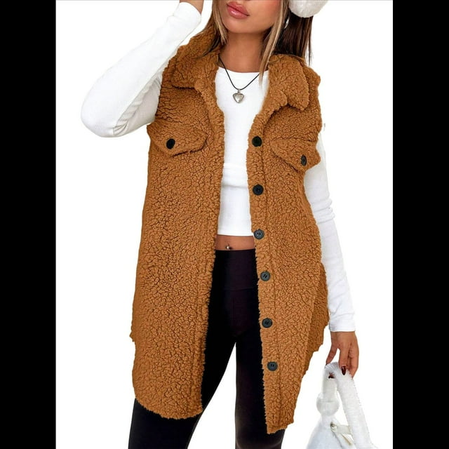 Chaleco Sin Mangas para Mujer, Chaqueta de Invierno Cálida con Botones Camello L