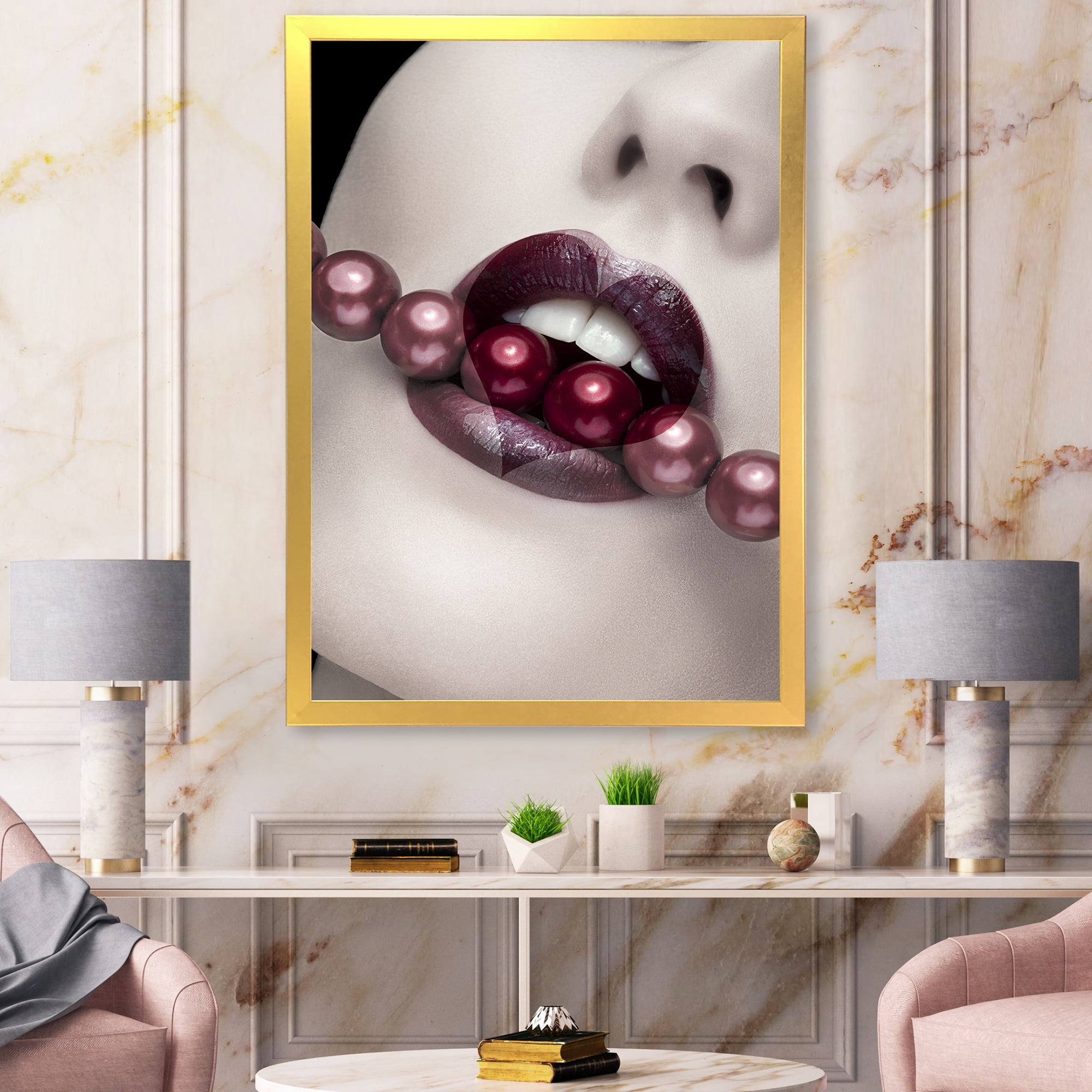 Designart 'Pearls Through Mouth With Heart Shape Lips' Modern Framed Art Print