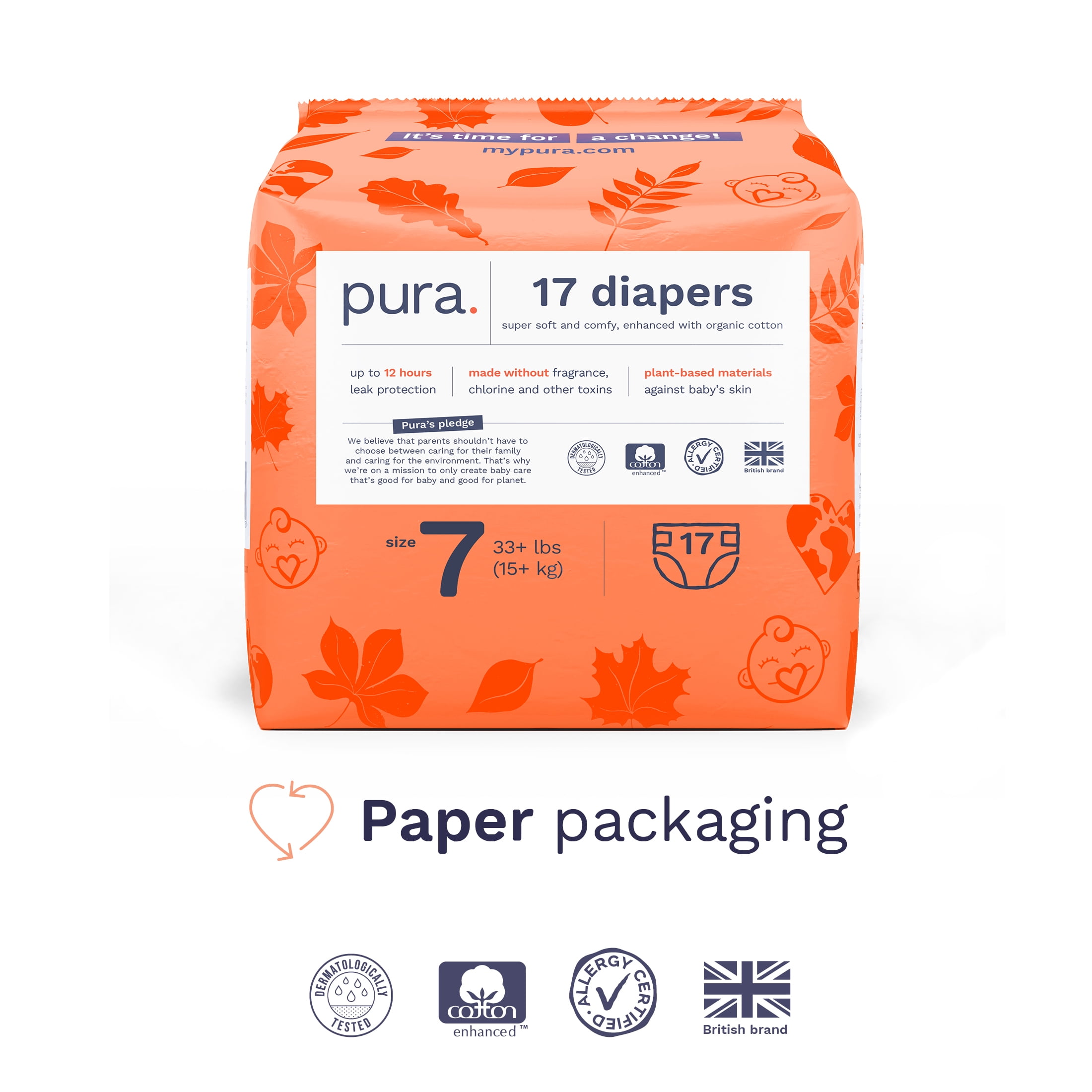 Pura Sensitive Soft Sustainable Baby Diapers Size 7, 51 Count (Choose Your Size and Count)