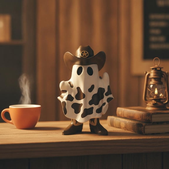 Halloween Cowboy Ghost Figurine, 5.9 Inch Resin Western Ghost Statue, Cute Spooky Tabletop Centerpiece for Home Shelf Decor