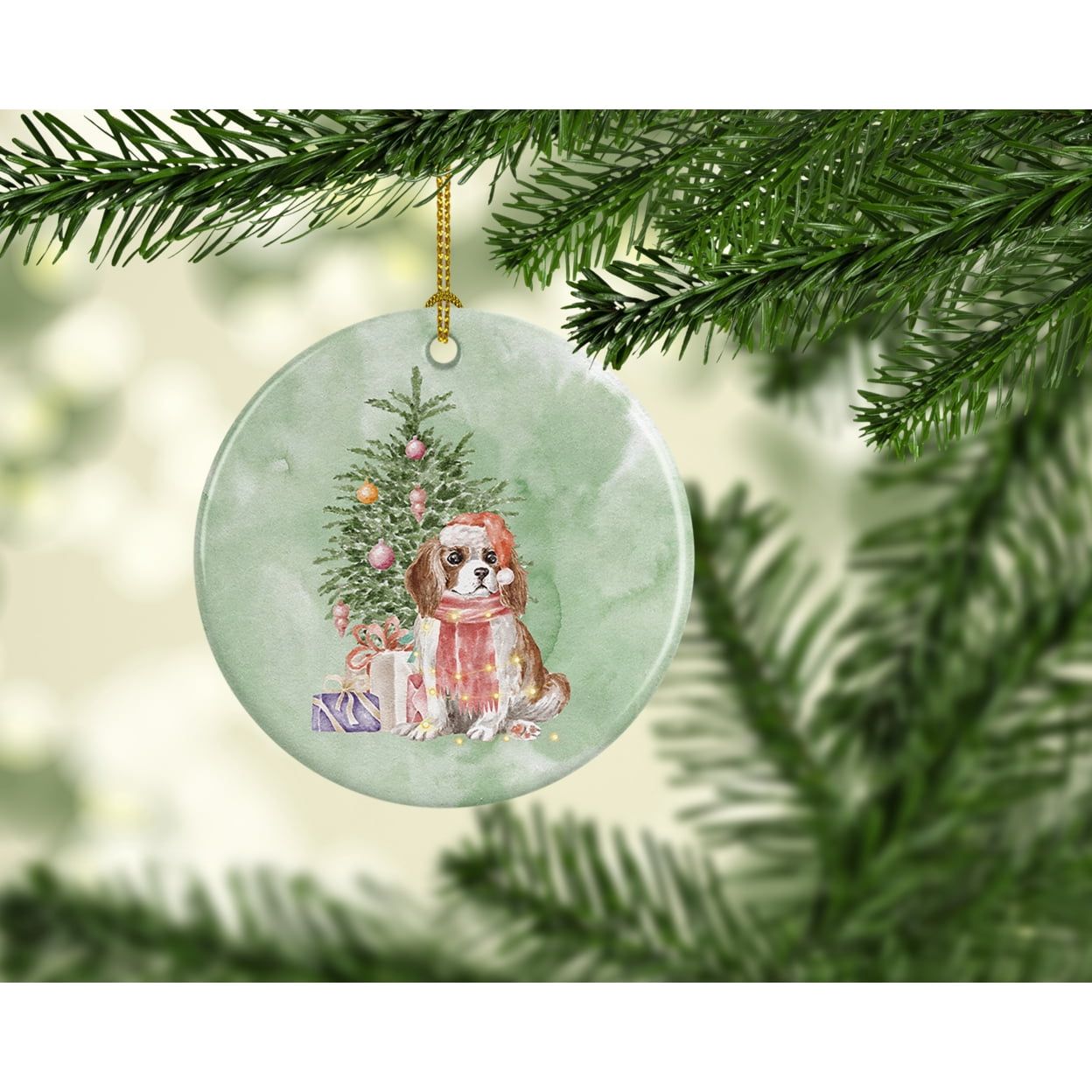 Christmas Cavalier Spaniel Bleheim Puppy Ceramic Ornament 2.8 in x 2.8 in