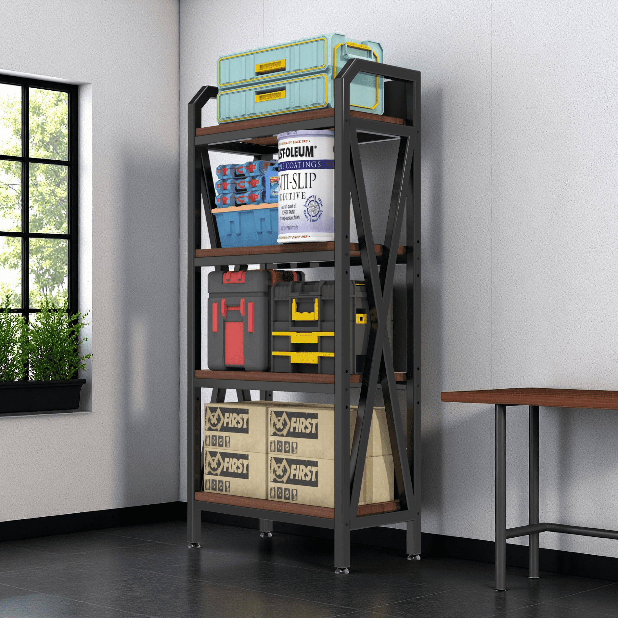 25.6"W Metal Storage Shelves,4-Tier Storage Shelves Metal and Wooden Kitchen Shelves for Garage,Pantry,Kitchen,Black02
