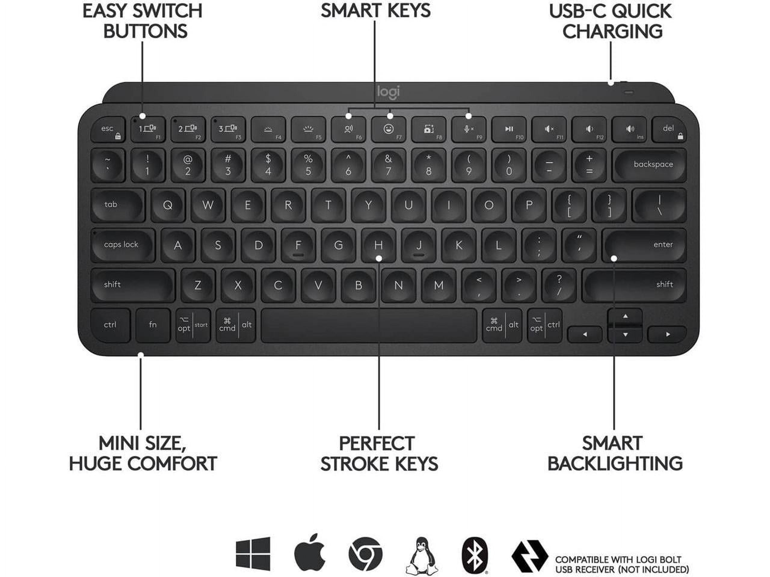 Logitech MX Keys Mini Minimalist Wireless Illuminated Keyboard, Compact, Bluetooth, Backlit, USB-C, Compatible with Apple macOS, iOS, Windows, Linux, Android, Metal Build - BLACK