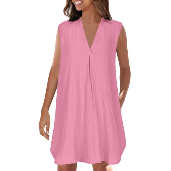 Gspmoly Summer Dress, Women'S Casual European and New Women'S Shirt with V-Neck Solid Color Beach Sun Protection Dress Sleeveless V-Neck Knee Length Dress Cocktail Dress Prime Deals