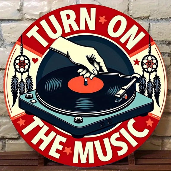 1pc Vintage Turn On The Music Vinyl Record Tin Sign, Retro Style Aluminum Wall Art, Rustic Metal Decor Plaque, 8x8", with No Electricity Needed, Cafe - Multipurpose Wall Hanging