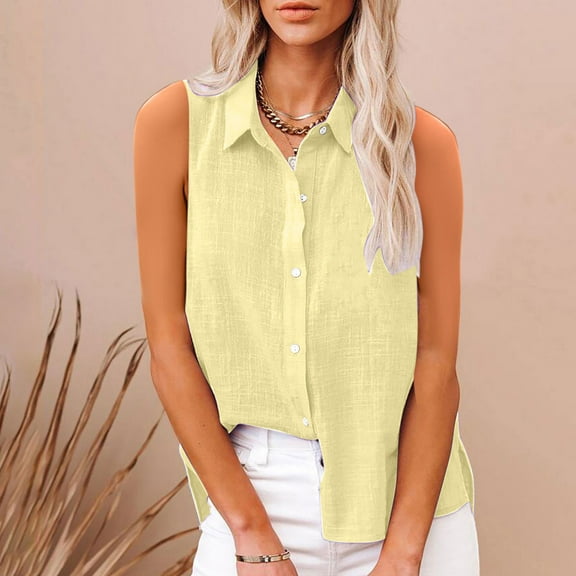 lmcalzta Womens Summer Tank Tops Button down Shirts Sleeveless Linen Lightweight Camisole Tshirts Solid Color