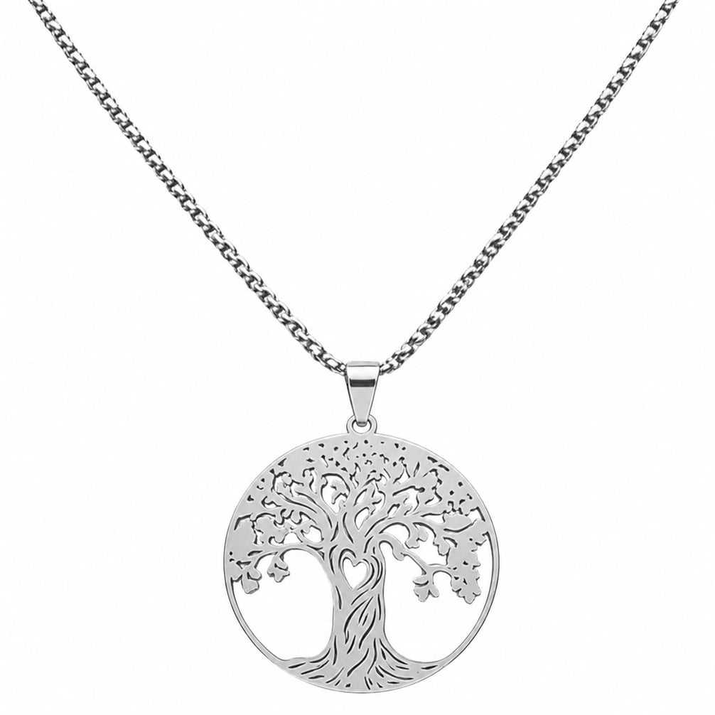 HIRPLIS Tree of Life Necklace for Men Women Stainless Steel Dainty Hollow Out Circle Charm Family Box ChainStatement Personalized Gift Jewelry Silver