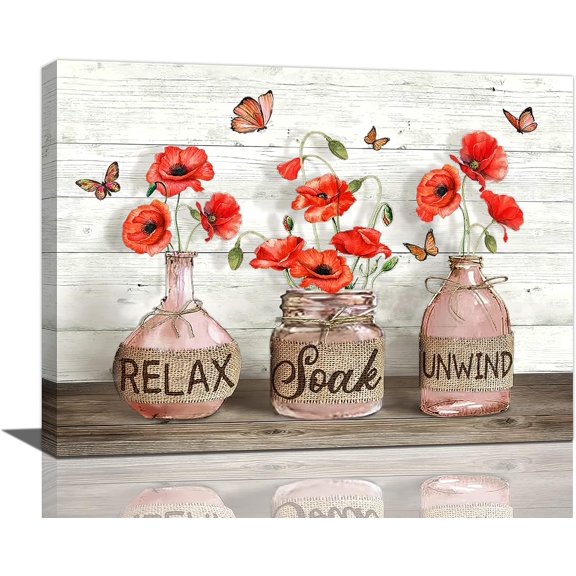 Farmhouse Bathroom Decor Wall Art Rustic Poppy Pictures Canvas Print Country Relax Butterfly Painting Framed Artwork for Bedroom 8x10 Red Poppy