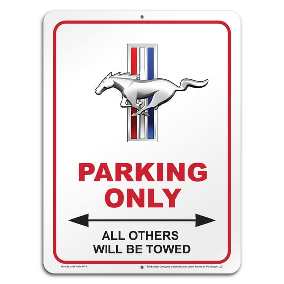 iPick Image for Ford Mustang Tri-Bar 12" x 9" Parking Only Sign in White Glassy Aluminum, Official Licensed