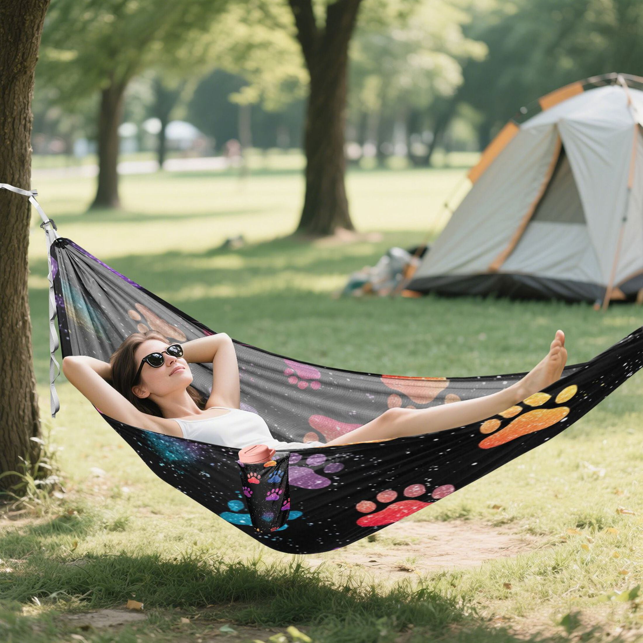 Hanging Hammock Portable Travel Camping For Outdooor Beach Camping Hiking Colorful Paw Print Pattern with A Galaxy Design