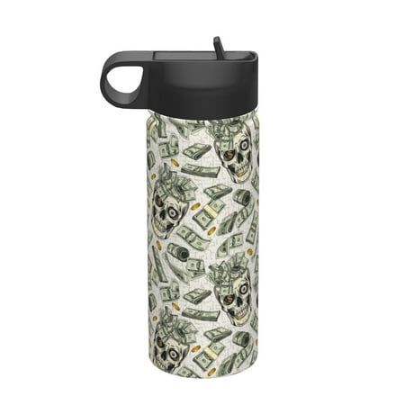 

Fuzoiu Skull with Cash Print 18oz Insulated Sports Kettle Outdoor Sport Gym Stainless Steel Water Bottle With Straw Lid