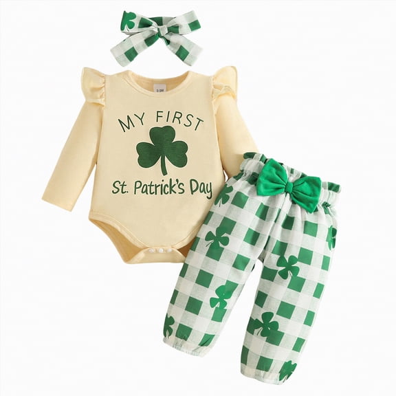CAICJ98 My First St Patricks Day Baby Girl Outfit Lucky Clover Long Sleeve Romper Print Pants Set Headband Cute Newborn Infant Spring Clothes (Green,6-9 Months)