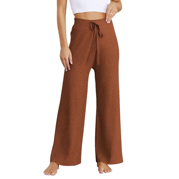 WTXUE Womens Rib Knit Wide Leg Pants Elastic Waist Flowy Sweater Pants Loose for Women L