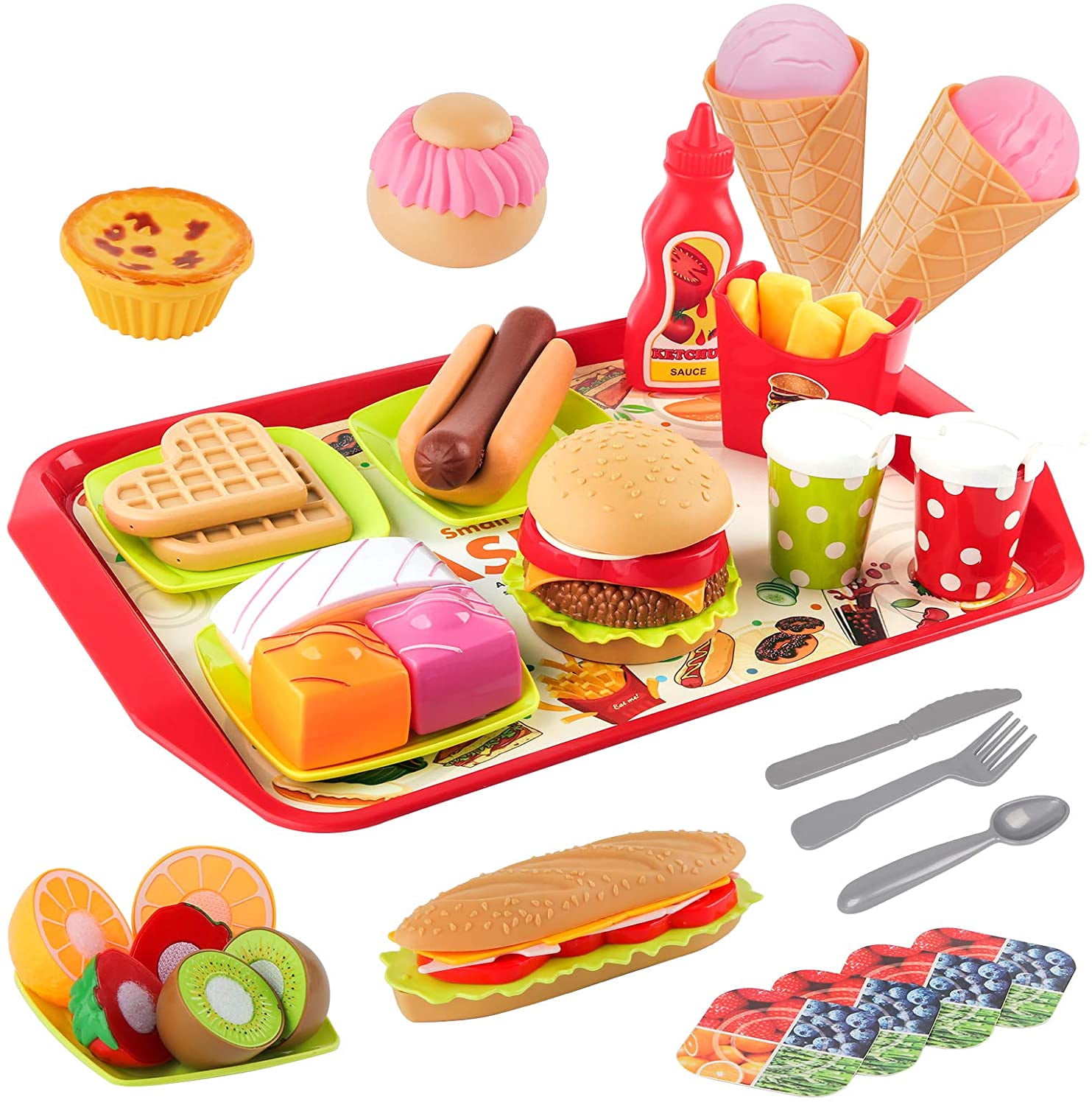 Play Fast Food Toys Set, 48Pcs Kids Fake Food Play Set Burger Sandwich Hot Dog French Fries