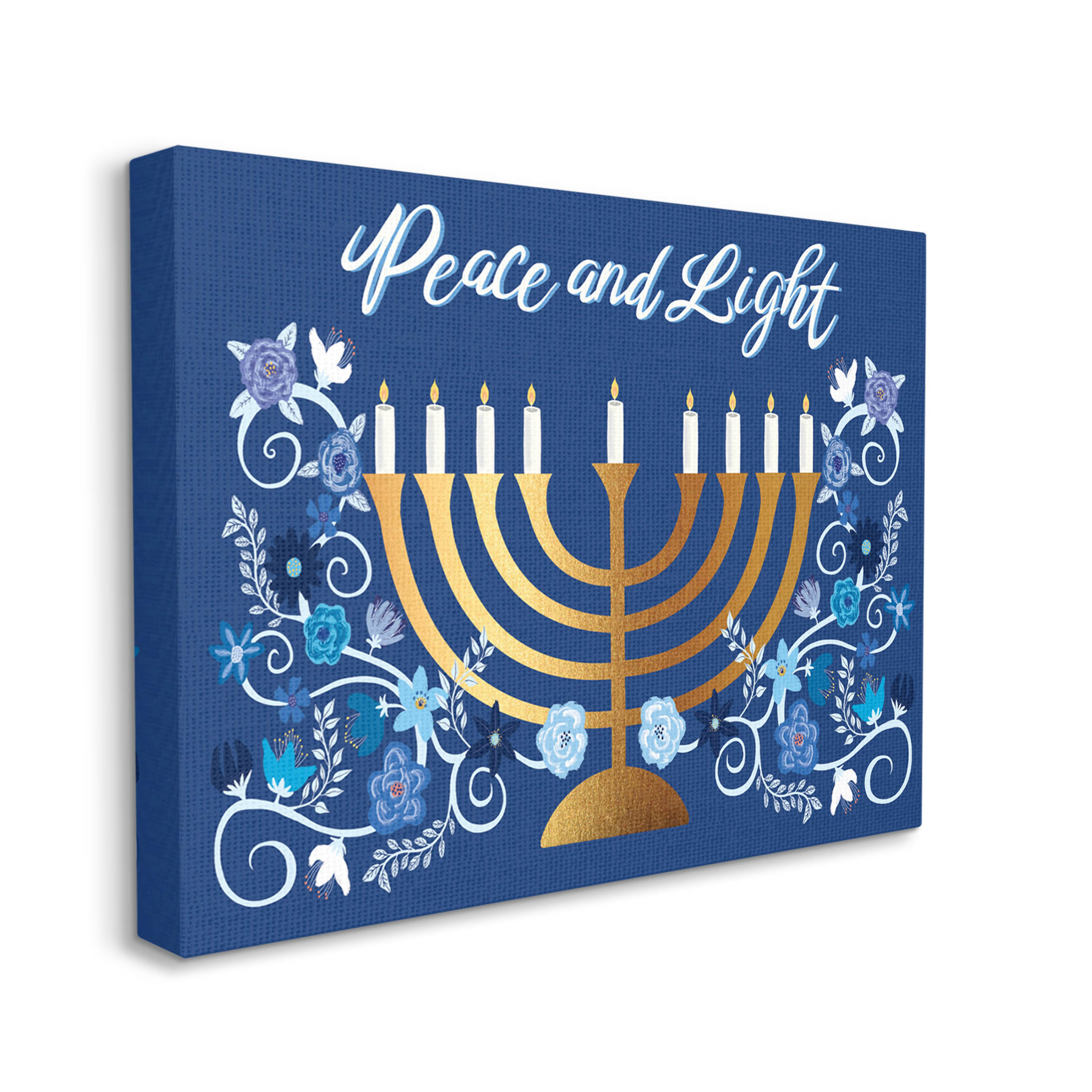 Peace & Light Floral Hanukkah Menorah Holiday Graphic Art Gallery Wrapped Canvas Print Wall Art