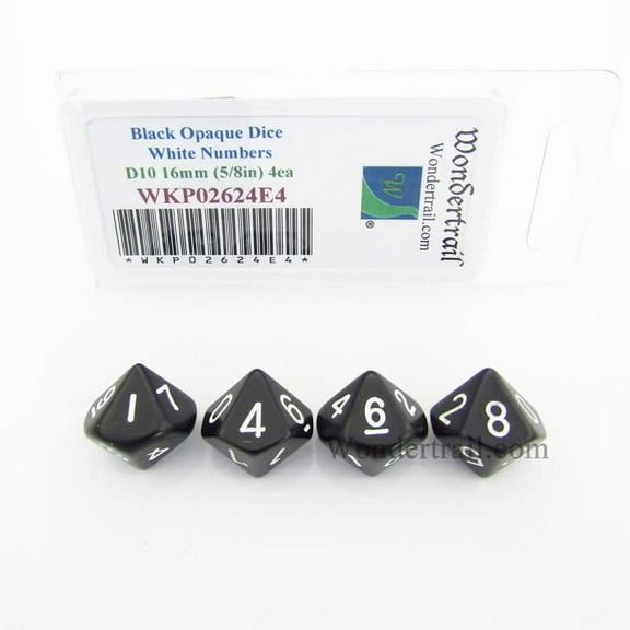 Black Opaque Dice with White Numbers D10 16mm (5/8in) Pack of 4 Wondertrail