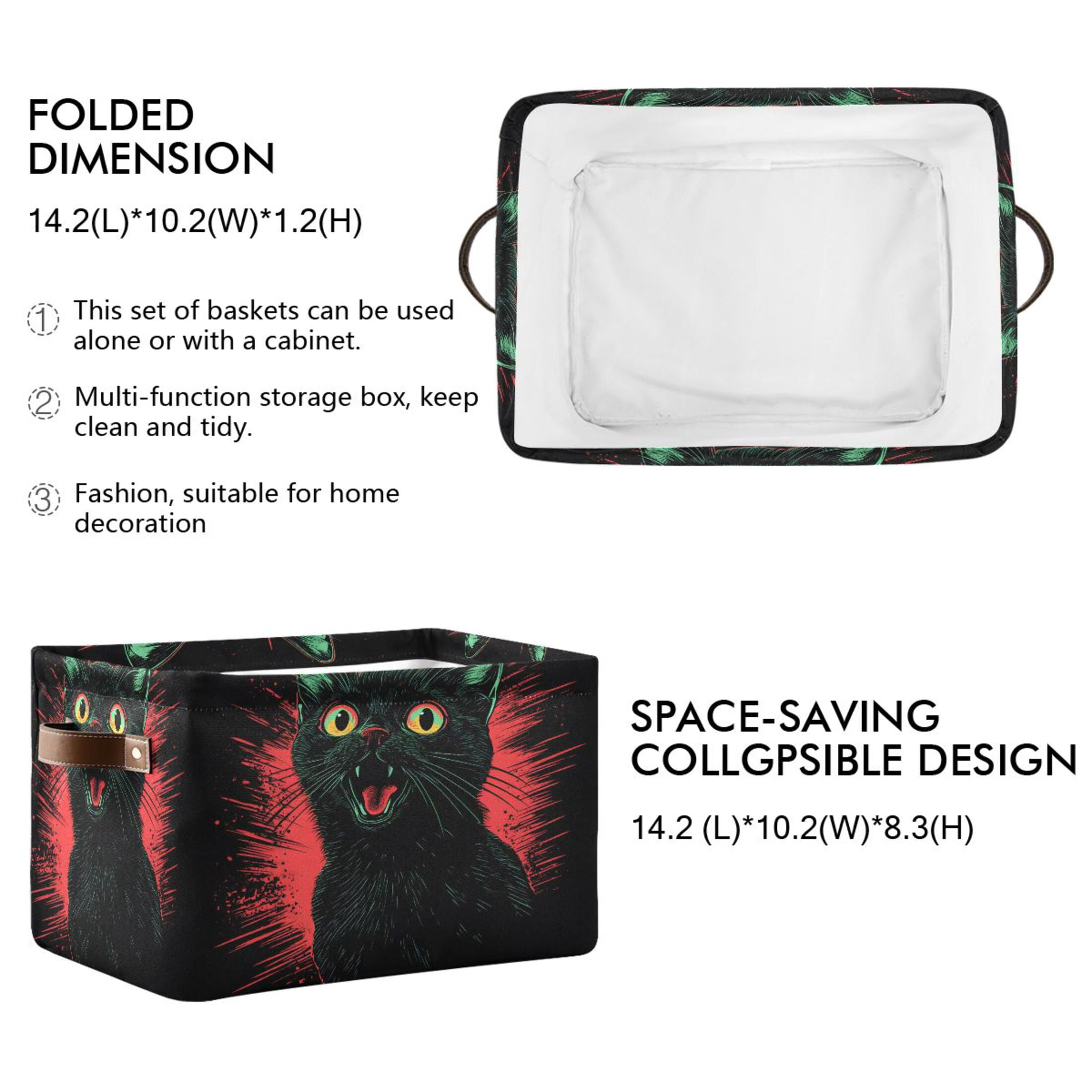 Ryvnso A Black Cat Storage Basket Large Bin Foldable Boxes Toys Organizer 14.2x10.2x8.3in 2 PCs
