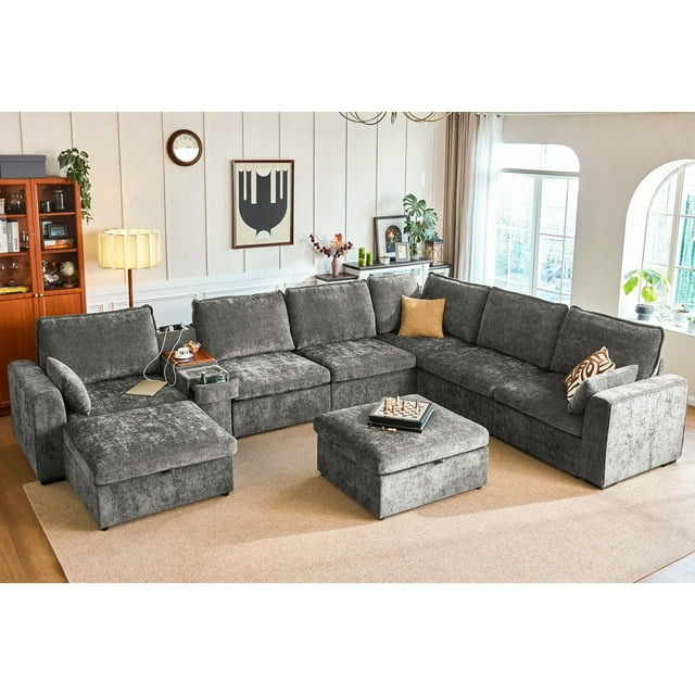 BEDEEP Canapé Sectionnel Modulaire de 169,7 Po avec Console et Station de Recharge, Canapé Nuage en Chenille en L avec Pouf de Rangement, Canapé Profond Convertible 8 Places avec Méridienne pour Salon, Gris