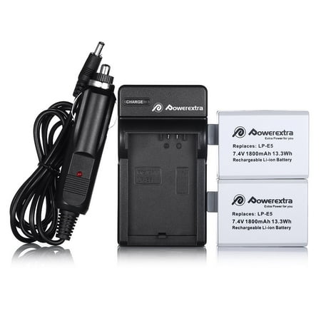 Canon External Battery Pack - Powerextra 2 Pack 7.4V 1800mAh LP-E5 Battery + Battery Charger for Canon EOS Rebel XS, Rebel T1i, Rebel XSi, 1000D, 500D, 450D, Kiss X3
