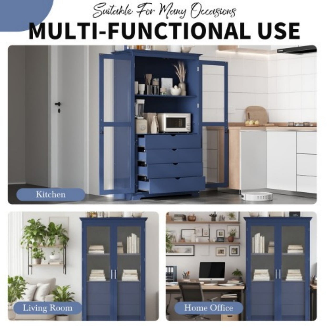 75" Kitchen Pantry Cabinet with Glass Doors, 4 Drawers & Storage Shelf, Large Freestanding Pine Wood Cabinet Organizer for Kitchen Dining Room Living Room Home Office, Blue