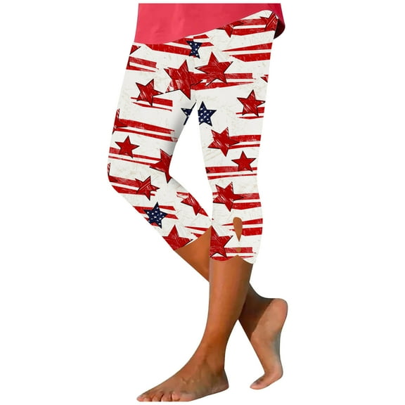 Stars Printed Leggings for Women Independence Day Pants High Rise Capris Tummy Control Legging Slim Fit Trousers Stretchy Yoga Pants Summer Yoga Dance Workout Bottoms Patriotic Clothes