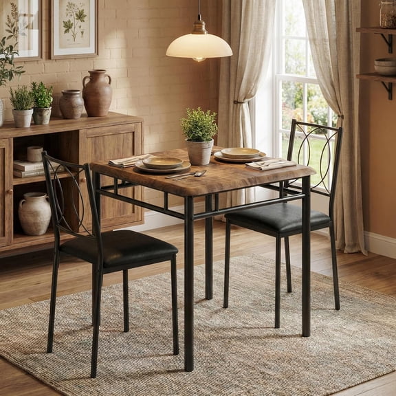 Dining Table Set for 2, Small Kitchen Table with Upholstered Chairs, Farmhouse Wood Dining Table Chairs for Kitchen Room, Small Spaces, Apartment, Brown
