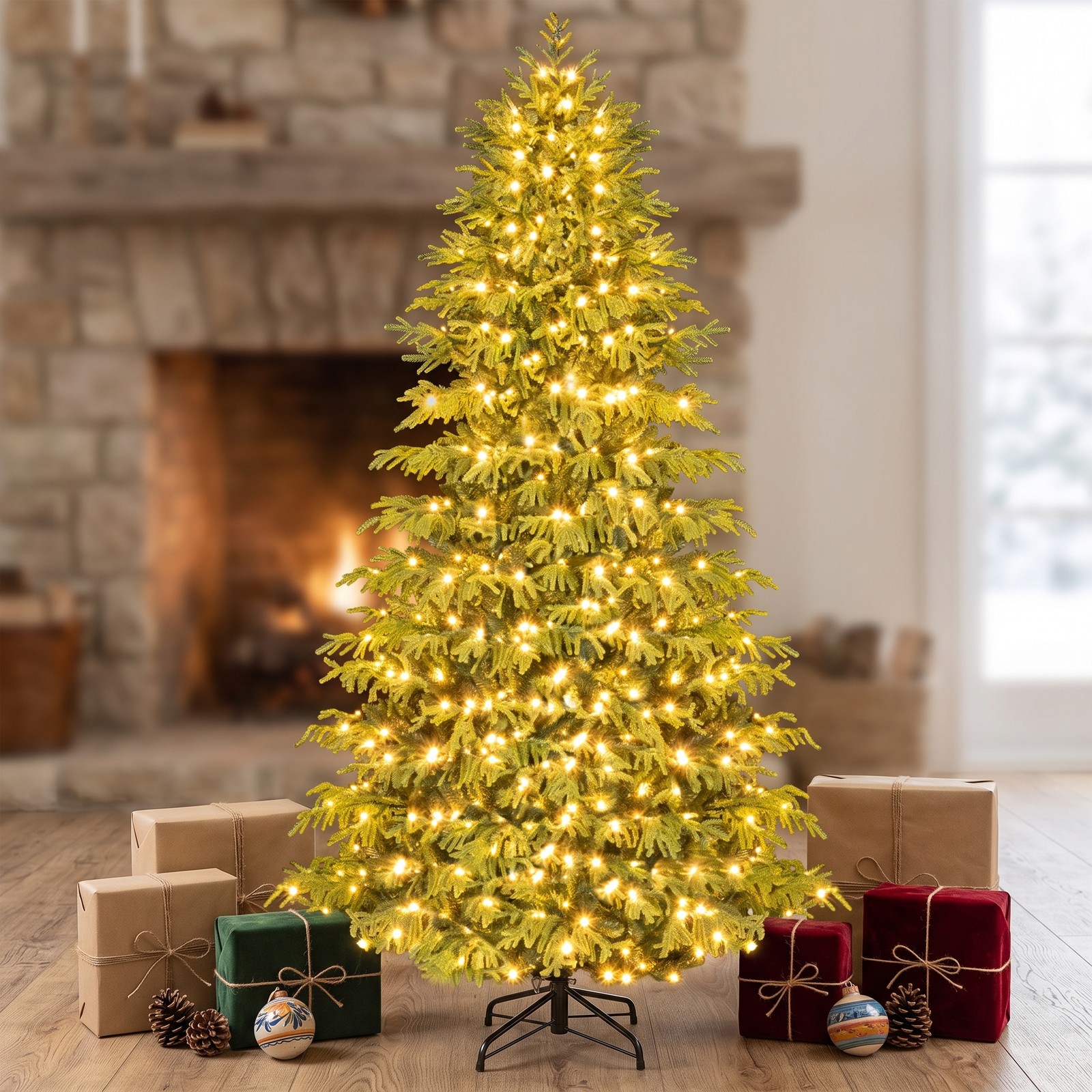 RUIE 8 FT Artificial Christmas Tree with 470 Warm White LED Lights, Pre-Lit Hinged Xmas Tree with 1470 PVC Mixed Branch Tips and Folding Metal Stand for Holiday, Green