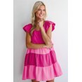 thumbnail image 4 of Women's Pink Crinkled Colorblock Patchwork Flutter Tiered Mini Dress - [ZhiHiMeRi] | (US 12-14)L, 4 of 12