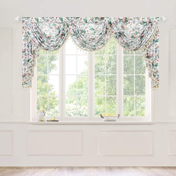 VOGOL Waterfall Valance 79"x43" Extra Wide Farmhouse Vintage Botanical Floral Sheer Voile Swag with Beaded Trim