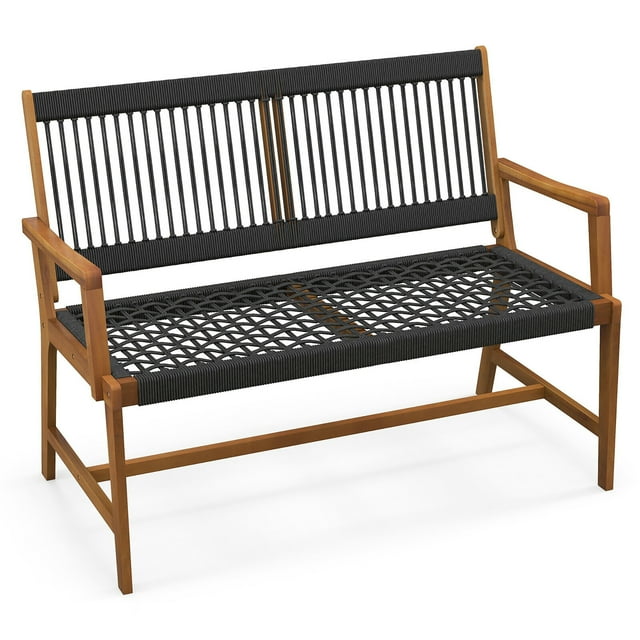 Gymax Patio 2-Person Acacia Wood Bench Kids All-Weather Rope Woven Outdoor Garden Black and Natural