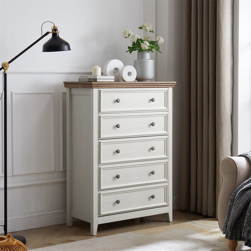 OKD Farmhouse Antique White 7 Drawers Dresser Wooden Storage