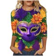 thumbnail image 2 of TrendVibe365 Mardi Gras Womens Plus Size Tops 3/4 Sleeve Crew Neck Polyester Casual Mask Printed Mardi Gras Celebrations Blouse Tops for Mardi Gras Event Purple L, 2 of 5