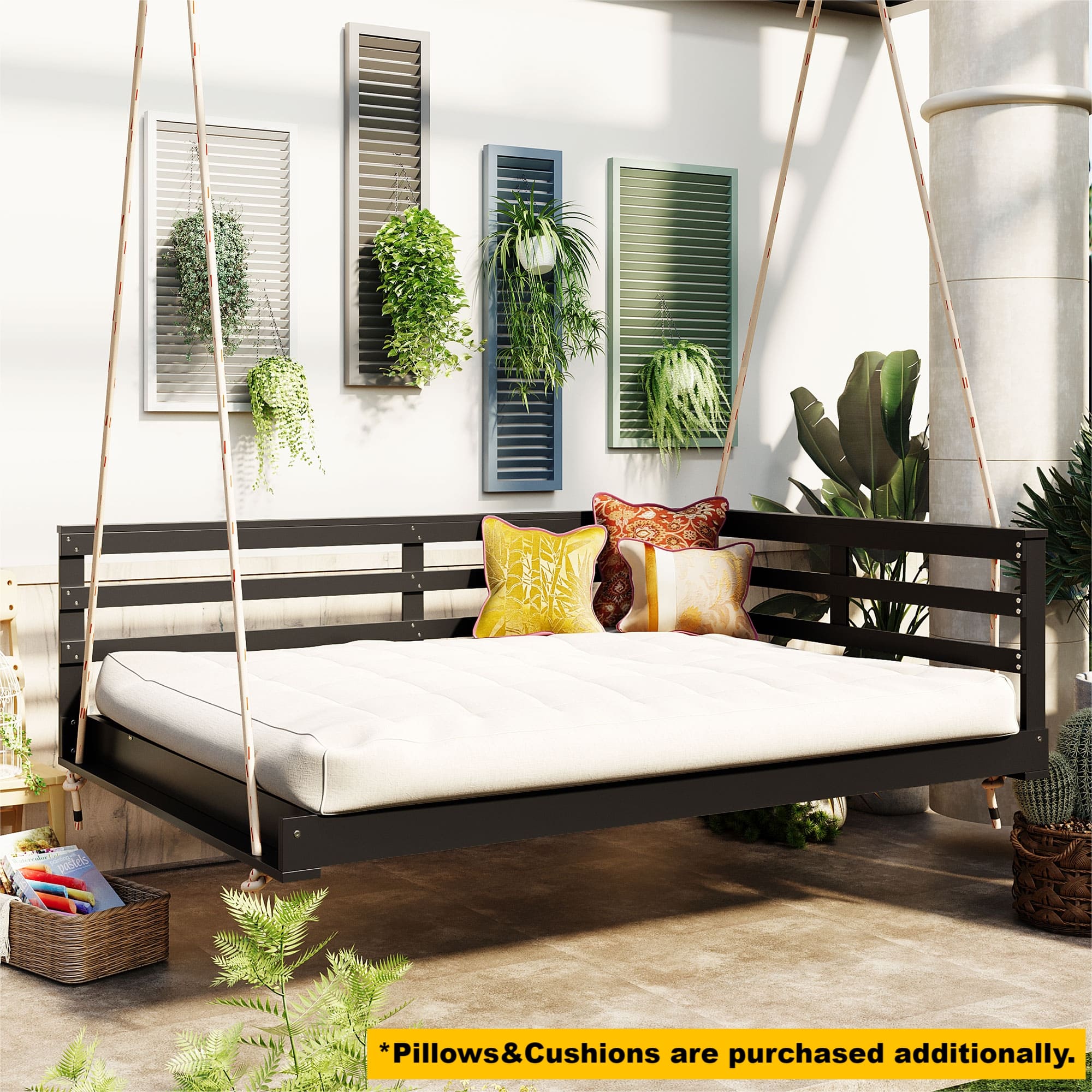 Euroco Acacia Wood Swing Bed with Hemp Rope Suspension, 350lbs Weight Capacity, Open-Side Minimalist Design, Easy Setup