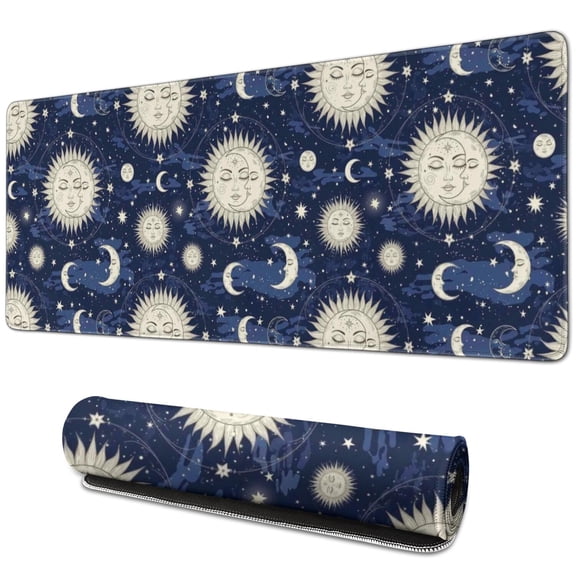 Long Mouse Pads for Desk,Dark Blue Sun Moon Star Pattern Desk Mats on Top Of Desks, Desk Mouse Pad Extra Large with 3mm Non-Slip Base and Stitched Edge for Gaming,Office,Work,Home 31.5"x11.8"